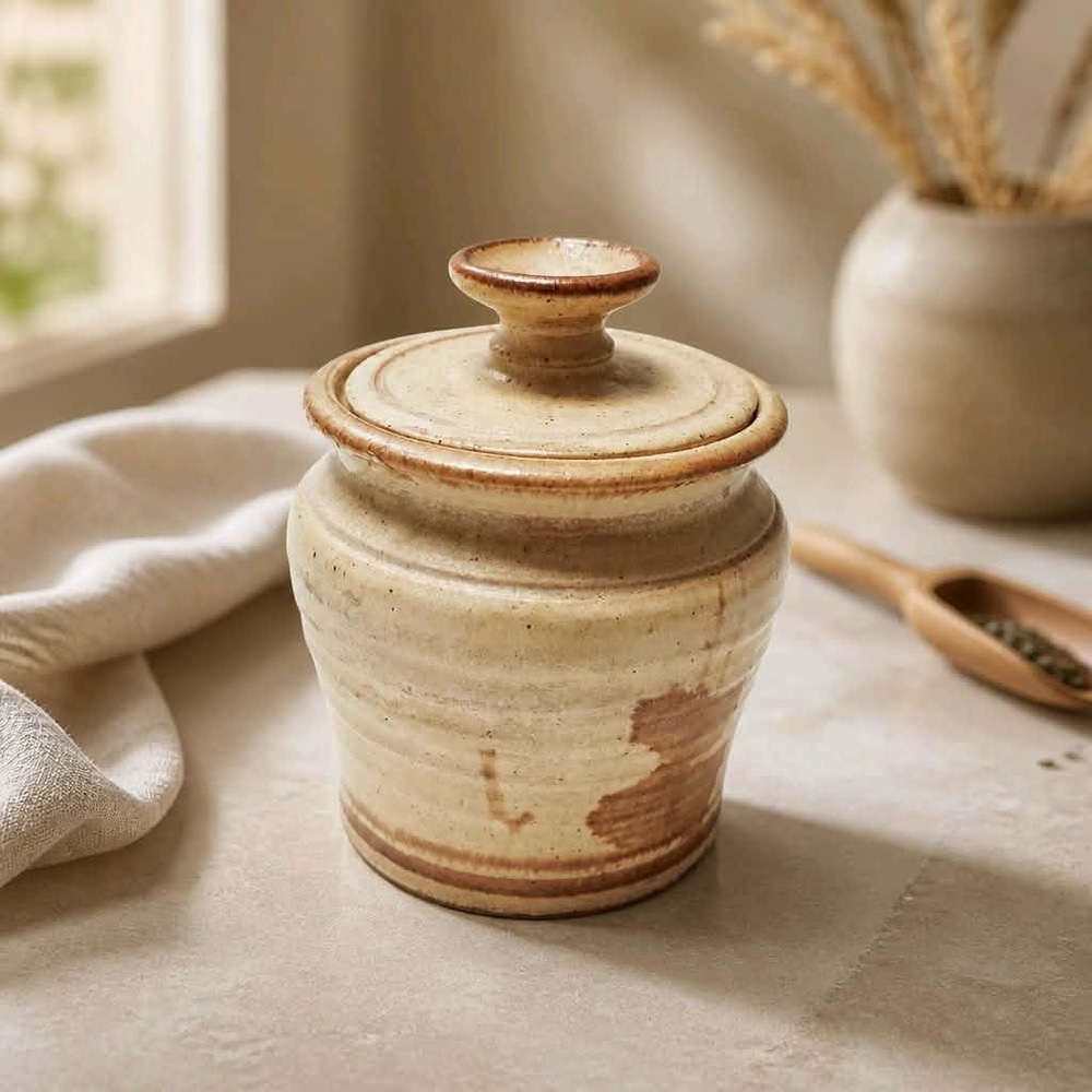Vintage Stoneware Canister – Enid Rayner Signed, Speckled Glaze Pottery Jar